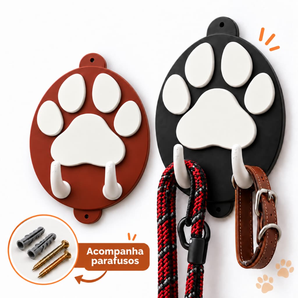 Suporte de Parede Patinha para Coleiras e Guias Pet Cães e Gatos  com 2 Ganchos Organizadores