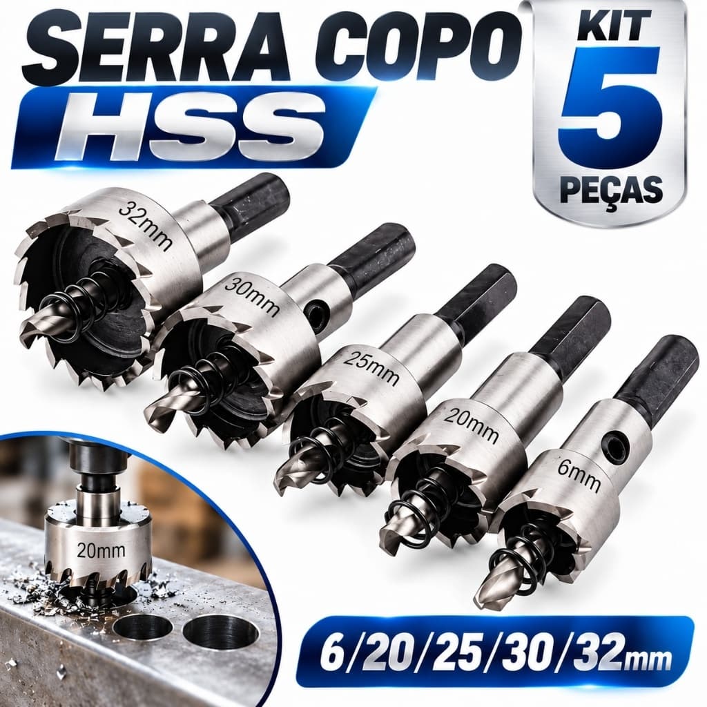 Kit 5 Brocas Serra Copo Furar chapa Metal Aço Ferro jogo ferramentas completo metalurgica "16/20/25/30/32mm"