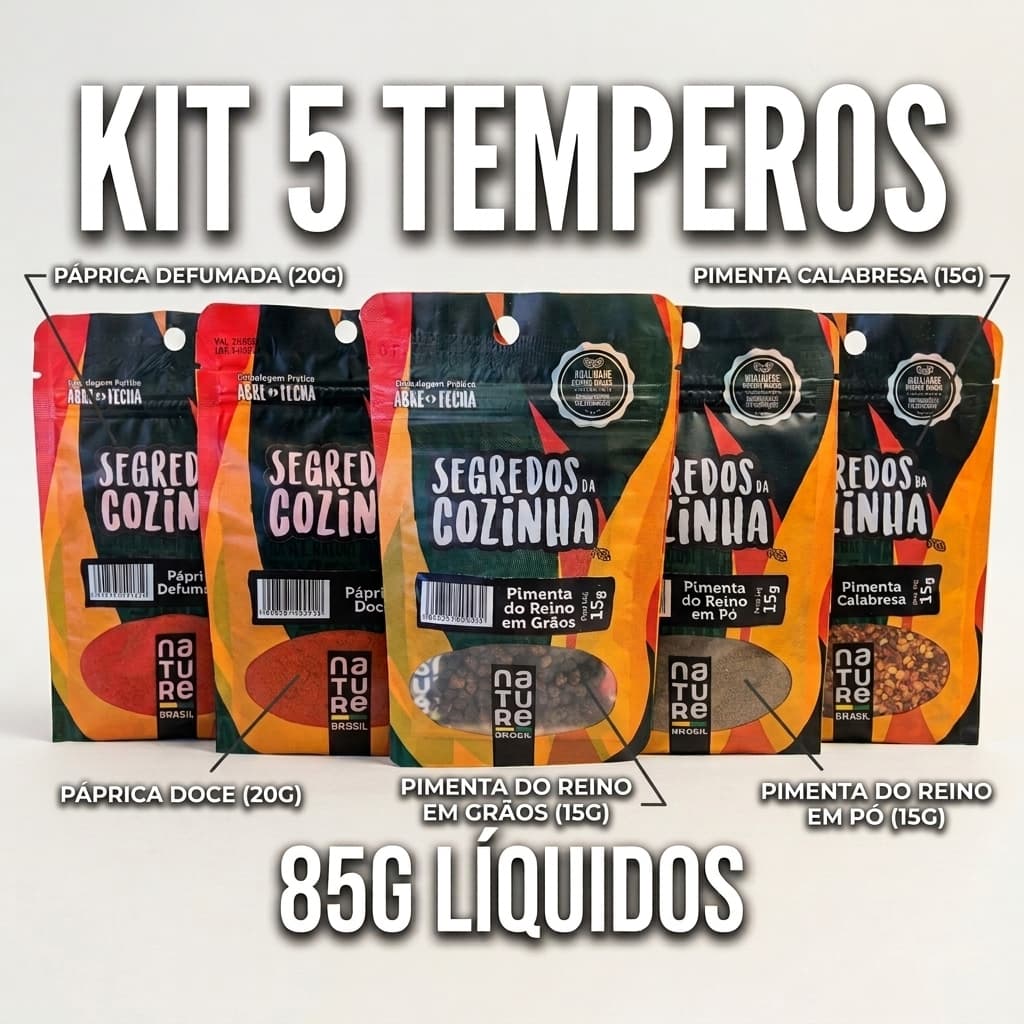 Kit Temperos Nature Brasil Pimentas e Pápricas Segredos da Cozinha 5 Unidades 85g