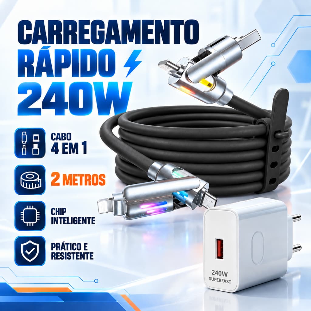 Fonte Carregador 240W GaN Cabo 4 em 1 USB C USB A Tipo C iP Carga Rápida Silicone LED Dados 480Mbps 2M para Celular