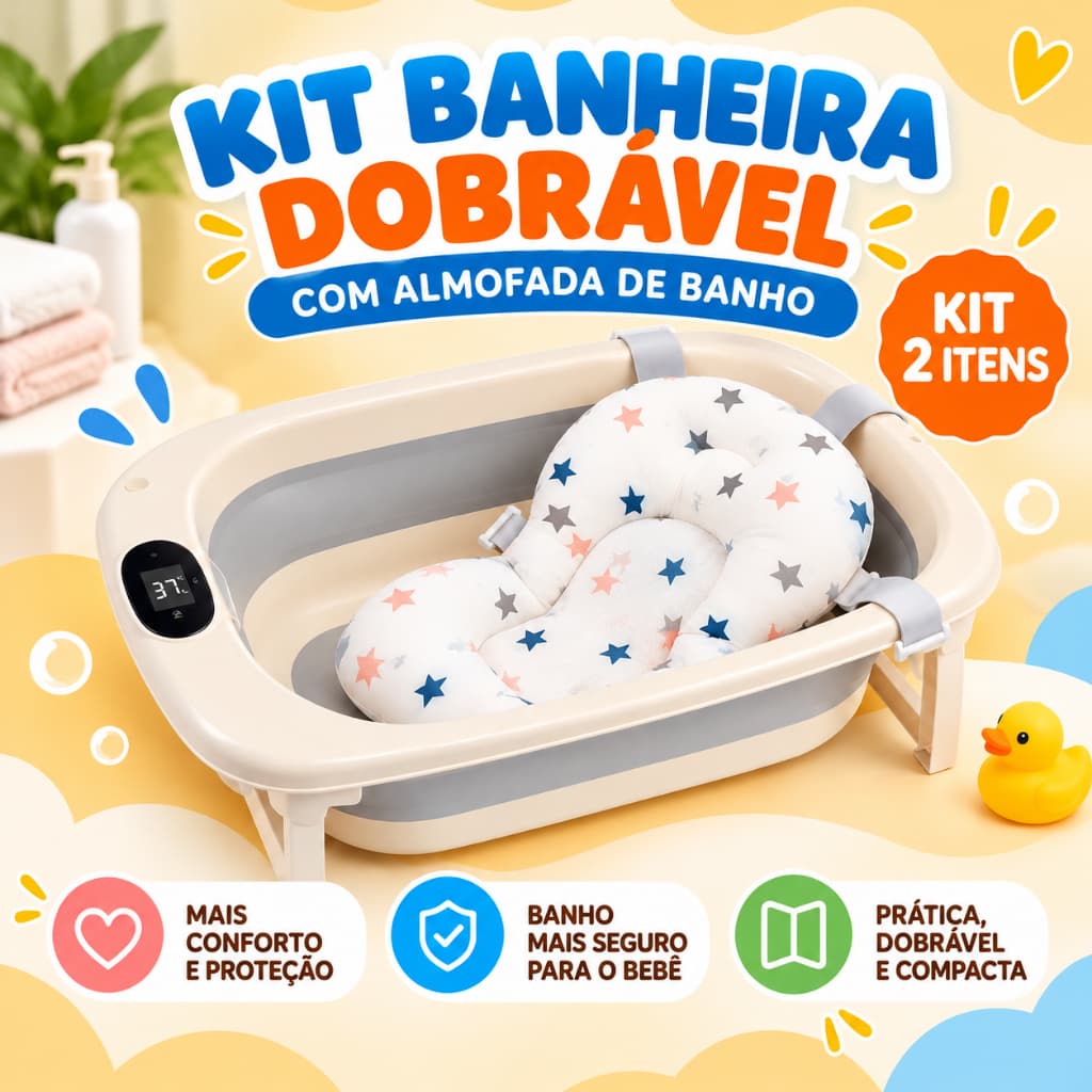 Banheira De Bebe Portátil Infantil Com Termômetro Digital E Rede De Proteção