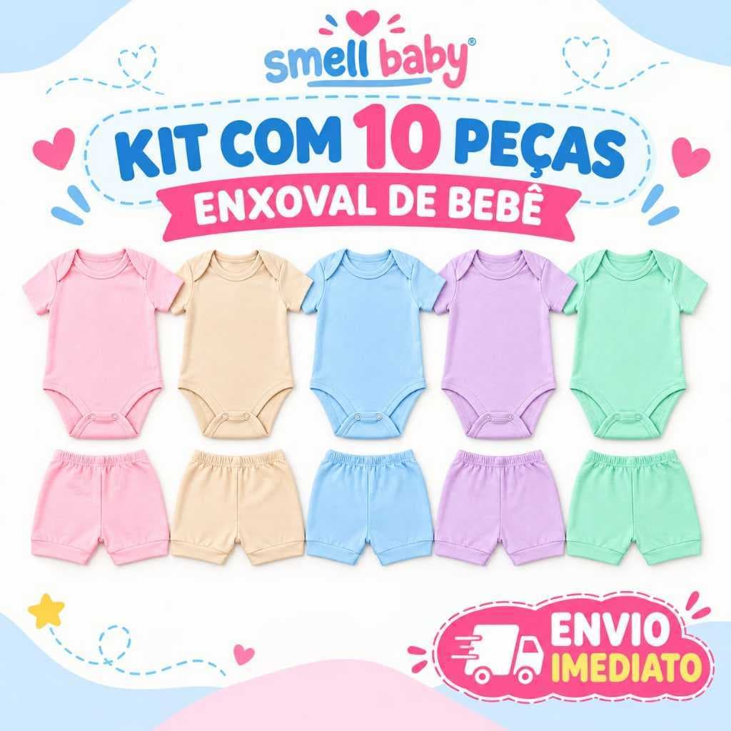 Kit verão 10 Peças Bebê Menino Menina 5 Bodys  Manga Curta + 5 Shorts Malha 100% Algodão Enxoval Infantil