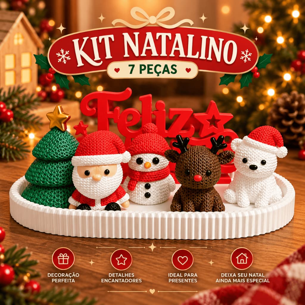 Kit Enfeite de Natal Amigurumi Personagens Natalinos Efeito Crochê Papai Noel Rena Boneco de Neve Decoração