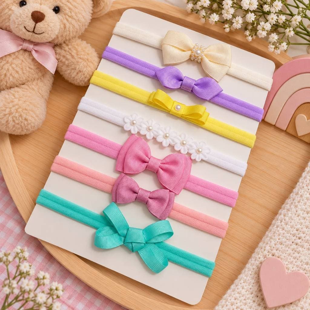 Kit 7 Faixas de Cabelo para Bebê Menina com Laços Coloridos Infantil e Kit Enxoval de Laços Especiais