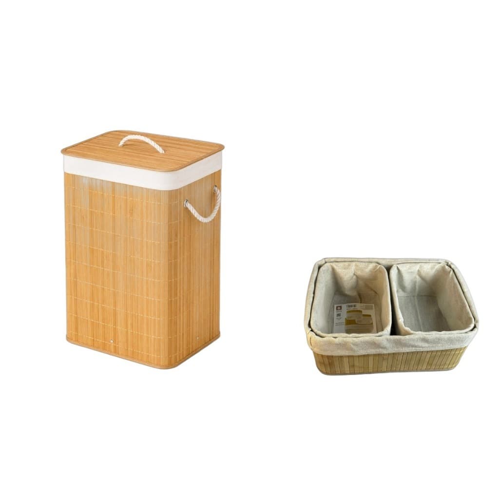 Kit Bambu Cesto de Roupas 50 Litros com Tampa + Kit 3 Cestos Organizadores com Forro Banheiro Closet