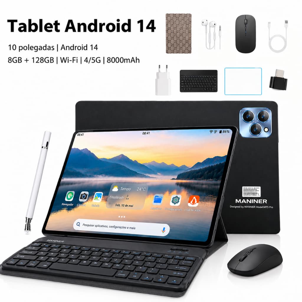 【Envio de São Paulo】Tablet 10" 8GB RAM 128GB Android 14 5G Wi-Fi 8000mAh com Teclado e Mouse Grátis