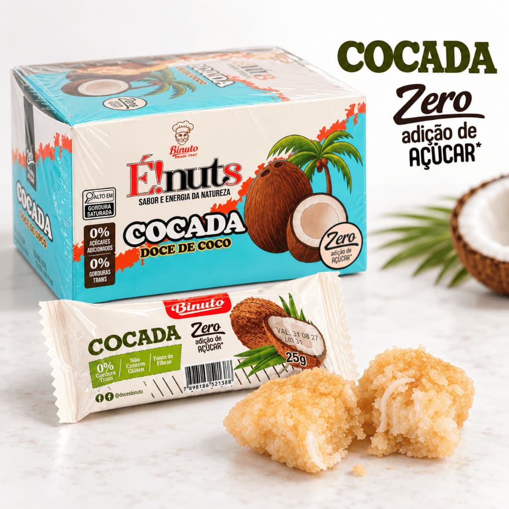 Cocada Zero Adição de Açúcar Sem Glúten | Caixa 20un | 25g | Doce de coco Saudável | Binuto