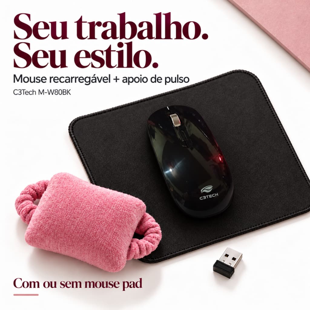 Kit Mouse Sem Fio Recarregável Macio e Silencioso C3Tech M-W80BK com Suporte para Pulso e Mouse Pad Preto