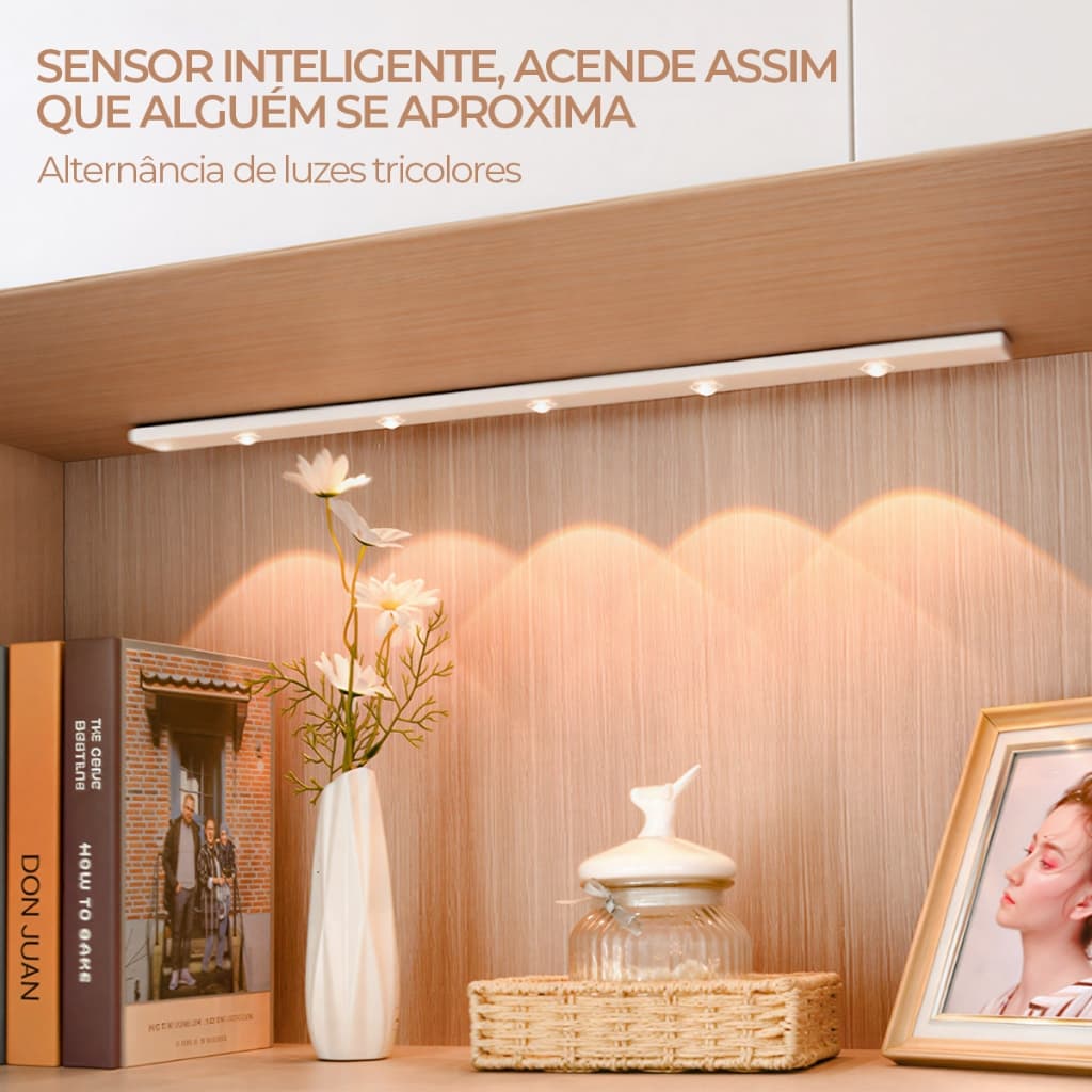 Luminária LED 40/60/80cm 3 Cores Regulável USB Recarregável Sensor de Movimento Luz de Armário