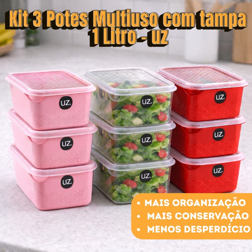 Kit 3 Potes Multiuso Organizadores 1 Litro Com Tampa Cozinha Geladeira Cores - Uz