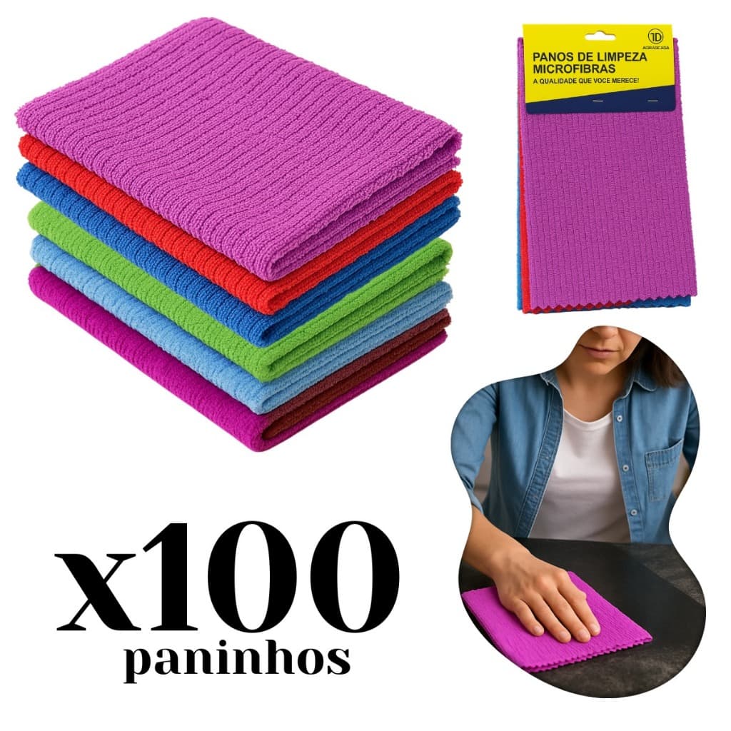 Kit 100 Panos De Limpeza Microfibra alta absorção Multiuso 30x30 para cozinha carro casa vidros