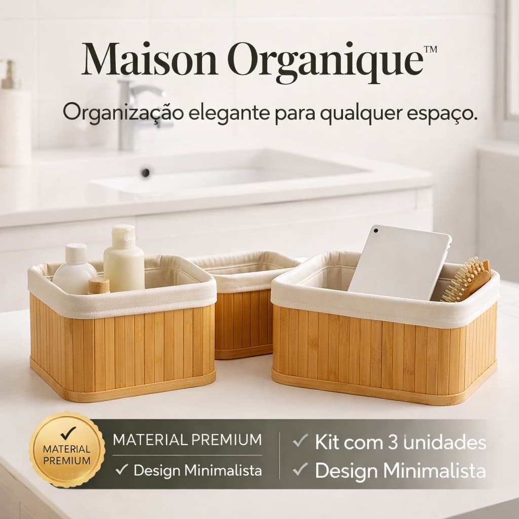Kit 3 Organizadores em Bambu Natural | Cestos Organizadores Decorativos para Banheiro, Cozinha e Quarto