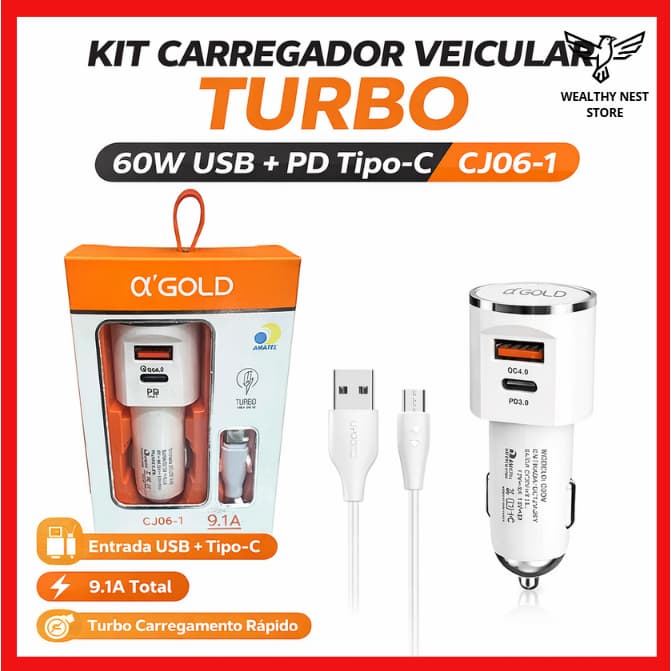 Kit Carregador Veicular Turbo 60W A’Gold CJ06 USB + PD Tipo-C para iPhone e Android - Prático e Compacto