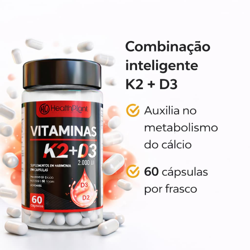 Vitamina D3 2000UI + Vitamina K2 500mg 60 Cápsulas Suplemento Saúde Óssea Envio Imediato.