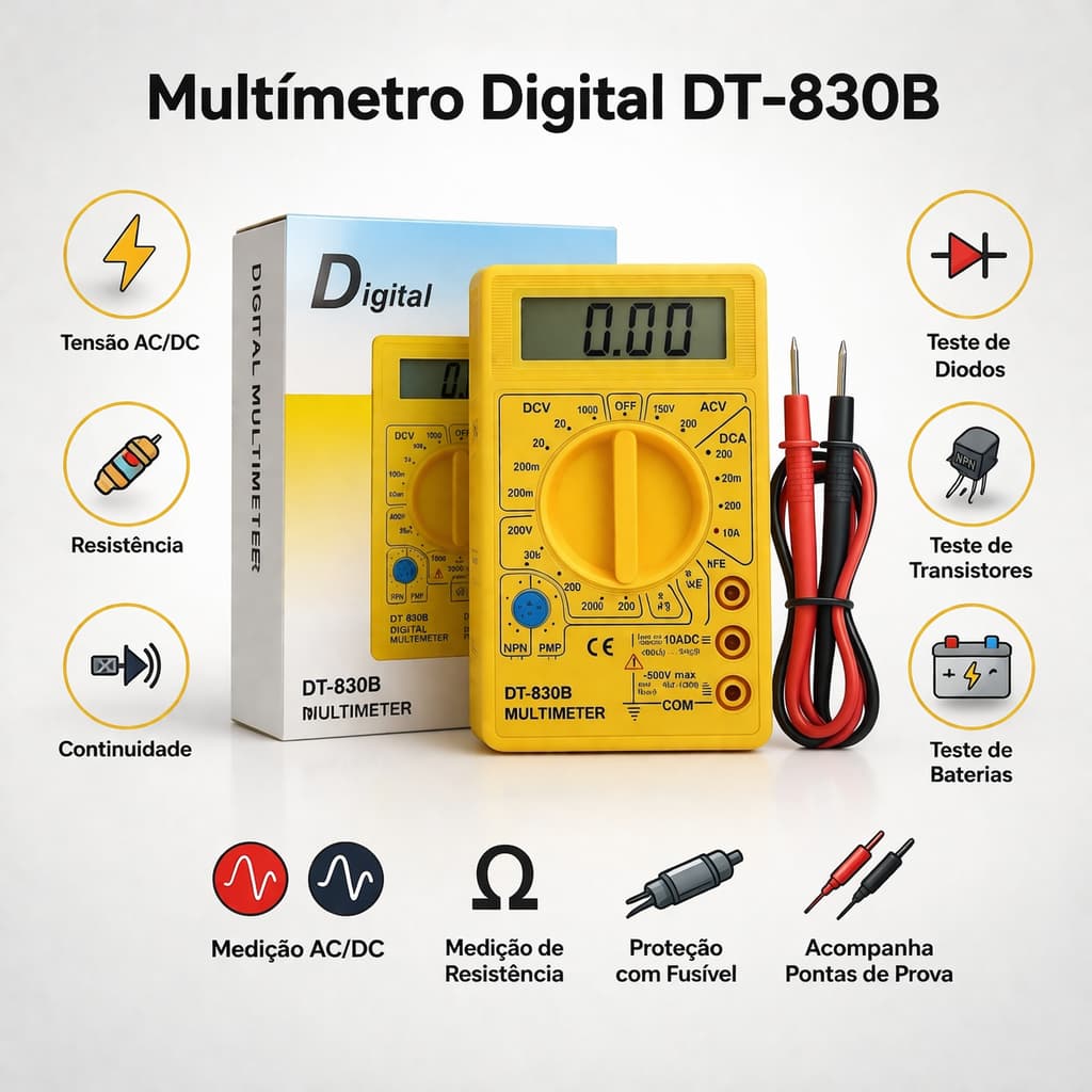 Multímetro Digital DT-830B com Bateria e Pontas de Teste Incluso - Sem Bip Sonoro