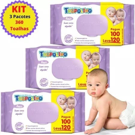 kit Lenço Umedecido Tropolino 360 Toalhas Umedecidas Bebê Infantil - Hipoalergênico Sem Parabenos