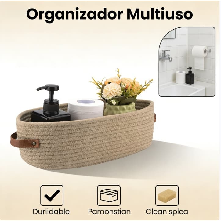Cesto Organizador de Algodão Grande com Alças de Couro | Cesto Decorativo para Banheiro, Lavanderia e Quarto