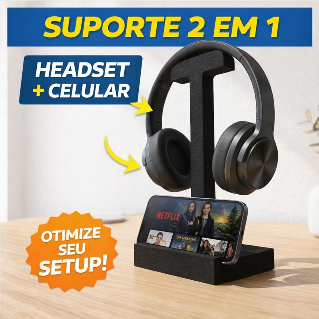 Suporte Headset Gamer com Porta Celular 2 em 1 Mesa Organizador Setup Completo