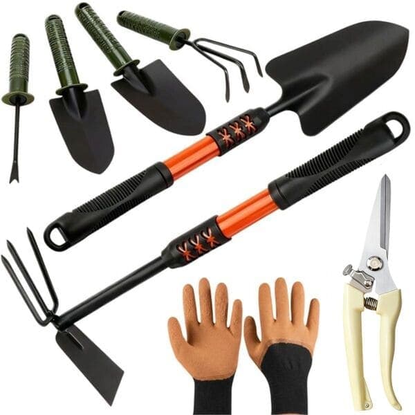 Kit 8 Peças Jardinagem Completo Com Enxadinha Grande, Pá Grande e Média, Par de Luvas, Alicate Tesoura de Poda, Ancinho