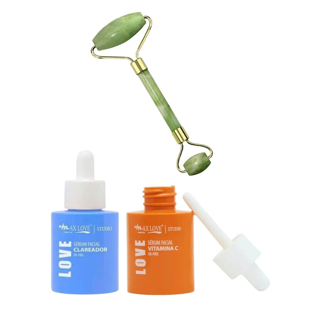 Kit Rolo de Pedra de Jade Sérum Facial Clareador e Vitamina C Max Love