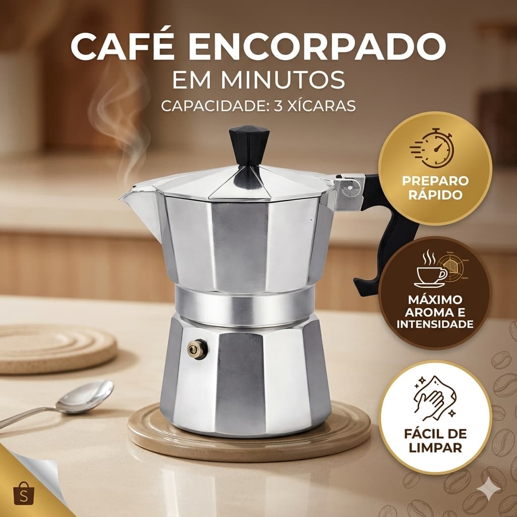 Cafeteira Italiana Inox 3 Xícaras Tipo Expresso Café Fogão a Gás Resistente Prática Moderna