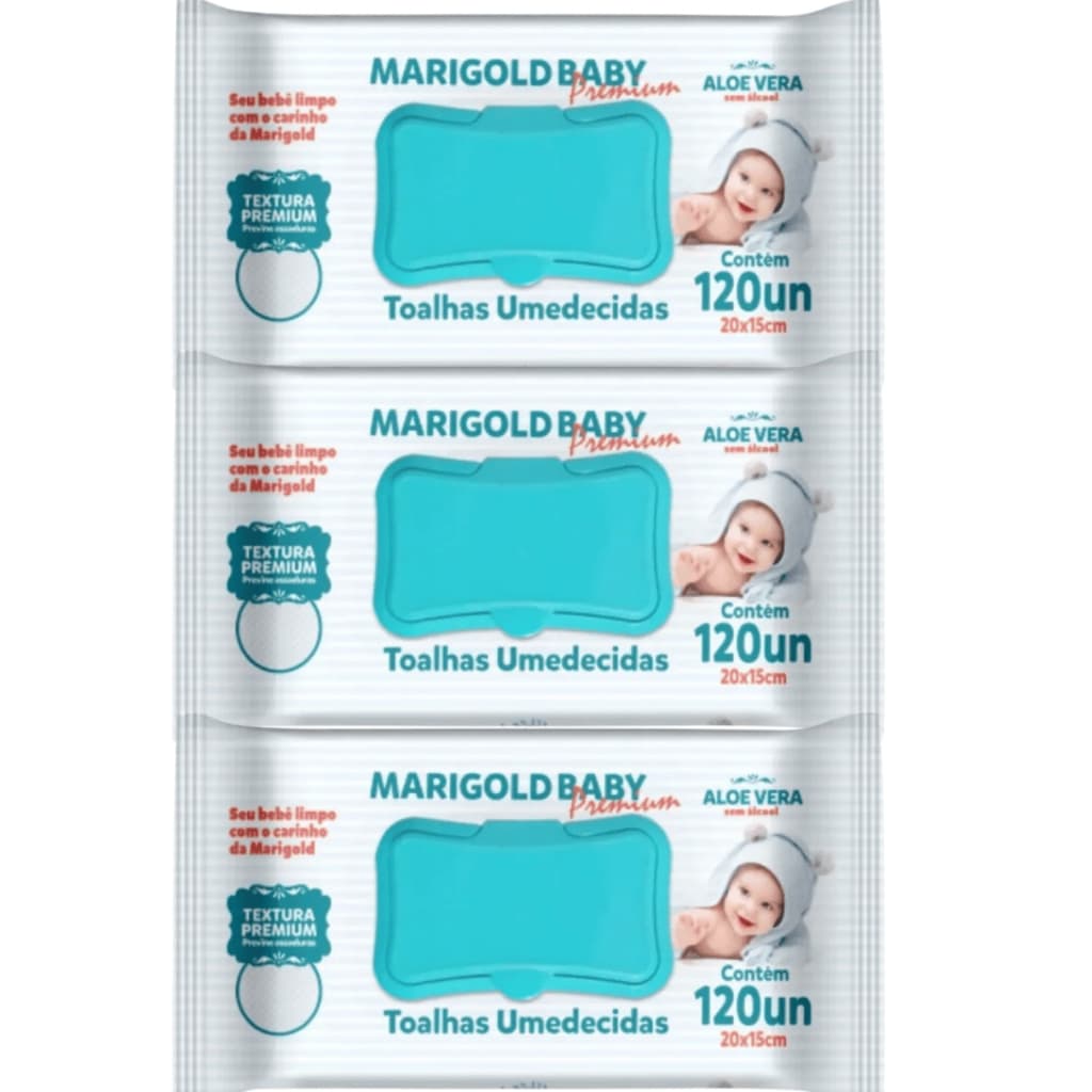 Kit 3 pacotes Lenço Umedecido Marigold Baby 120 Unidades Aloe Vera – Toalha Umedecida Infantil