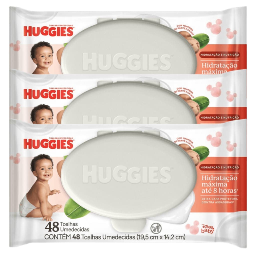 Kit 3 pacotes de Toalhas Umedecidas Huggies Hidratação e Nutrição  com 48 un cada  - 144 unidades de Lenço
