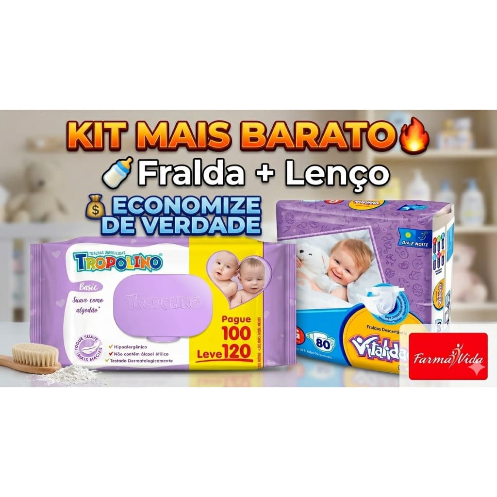 Fralda Infantil Descartável Vitalidade + Lenço Tropolino | Kit Econômico Bebê Mais Barato