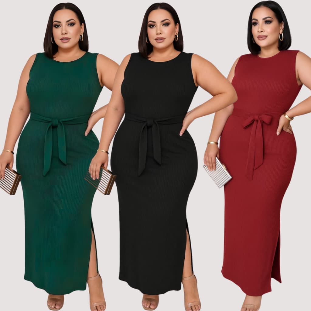Vestido Feminino Regata Plus Size Canelado e Elastano Laço em Amarração Confortável Moda Feminina Casual e Elegante