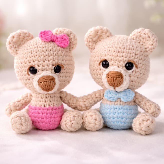 Kit 2 Ursinhos Amigurumi Crochê 10cm | Decoração Infantil | Feito à Mão
