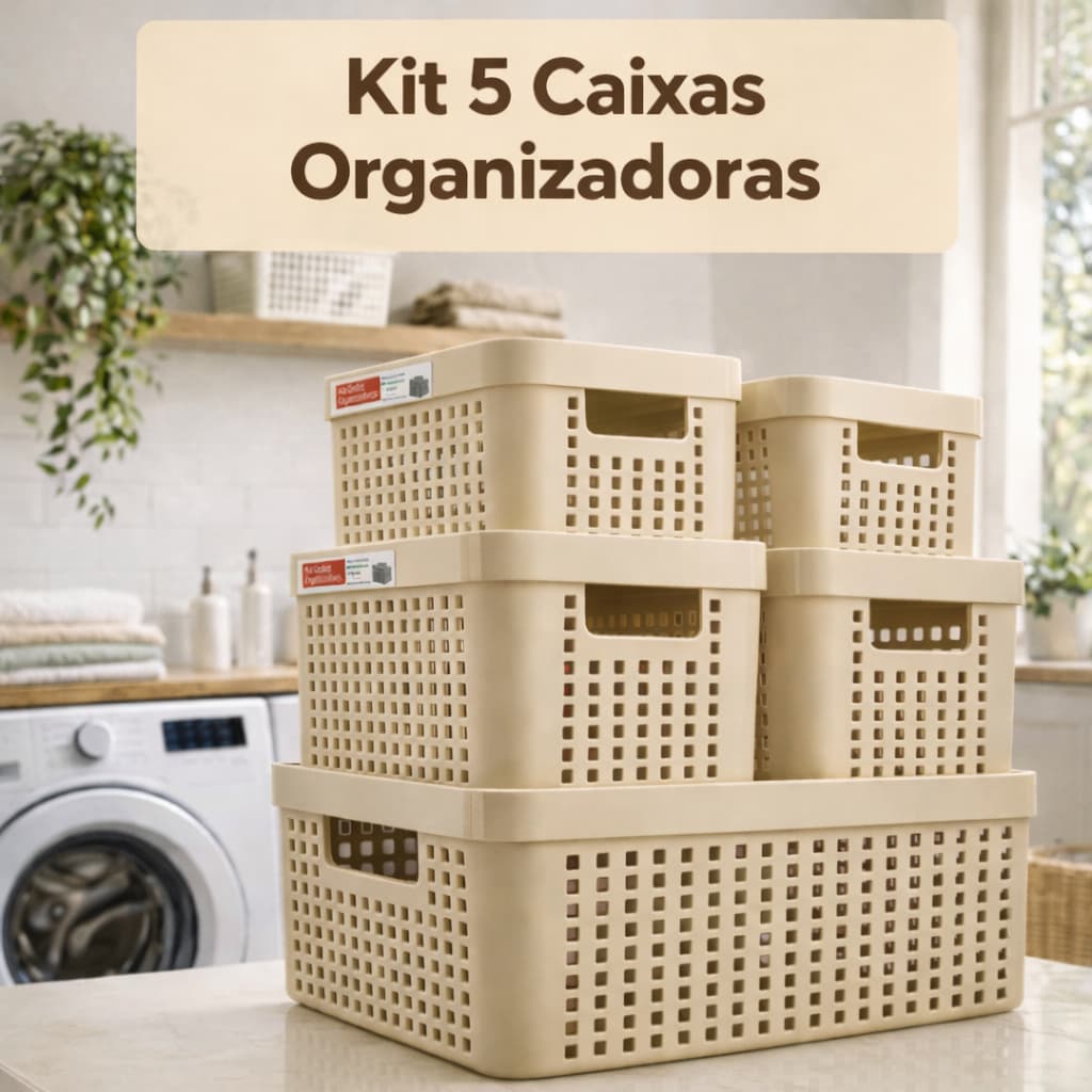 Kit 5 Caixas Organizadoras – 2L, 4,5L e 11L | Multiuso Empilhável Cozinha e Armário