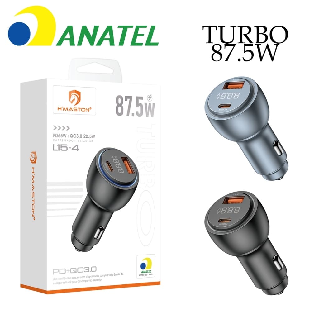 Carregador Veicular Turbo com 87.5W Entradas USB e Tipo C com ou sem Cabo Fonte Carro Automotivo