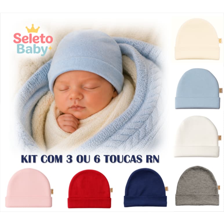 Kit Touca Bebê RN 3 ou 6 Peças 100% Algodão Macio Touquinha Recém Nascido Maternidade Enxoval