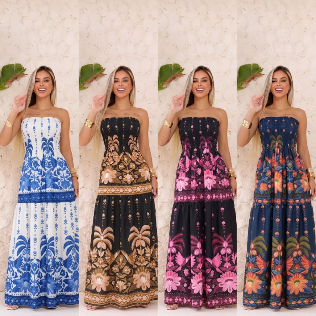 Vestido feminino longo Tomara que Caía estampado tropical verão