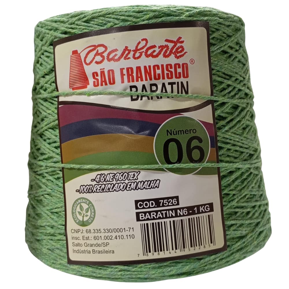 Barbante BARATIN nº06 1kg . VERDE ABACATE - Algodão reciclado. Linha Para Crochê. Tapete Crochê.