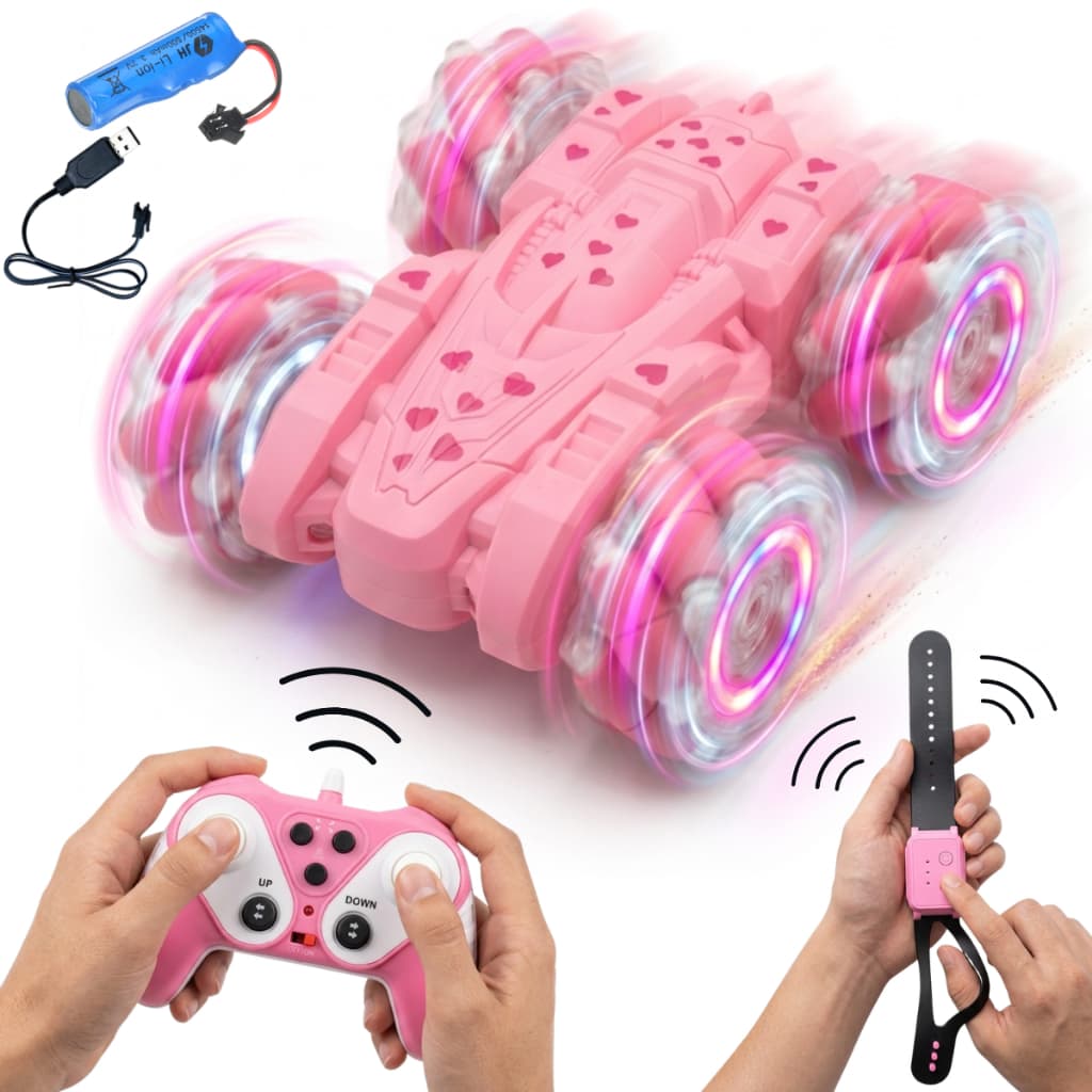 Carrinho Controle Remoto Sensor De Mão Rosa Recarregável Gira 360° Drift Luz LED Menina