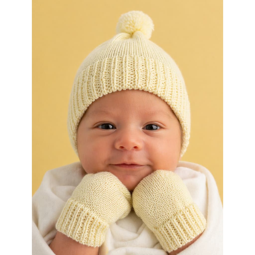 Kit Touca e Luva tricô Bebê Recém Nascido Saída Maternidade Enxoval Gorro - Amarelo bebê- Tricô Macio e Confortável