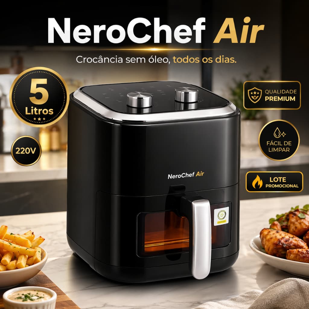 Fritadeira Elétrica Air Fryer 5L Sem Óleo 220V Preta NeroChef Premium Moderna Grande Familiar Oferta