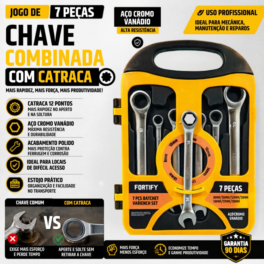 Jogo 7 Peças Chave Combinada com Catraca de 8 a 19mm Aço Cromo Vanádio (CR-V) Profissional FortFy