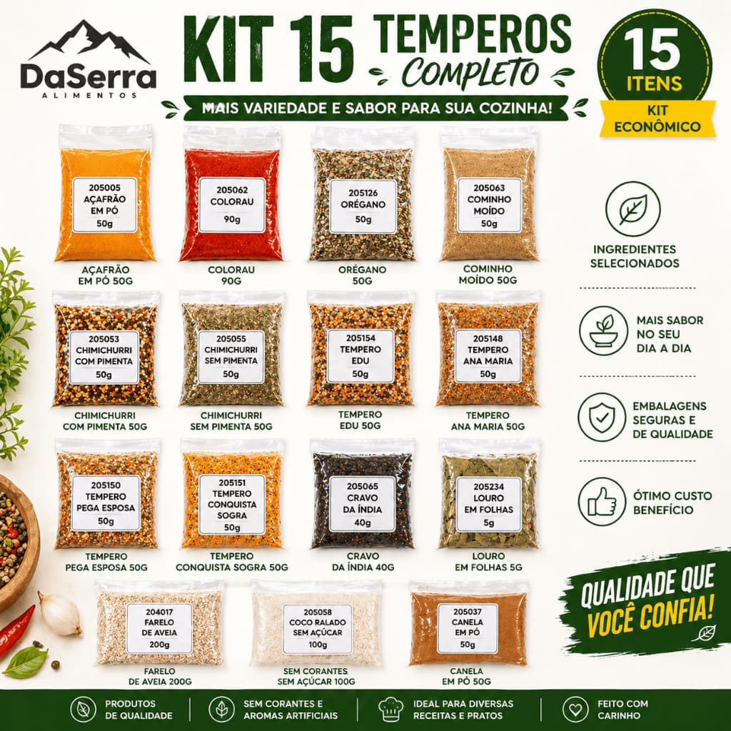 Kit com 15 Temperos e Condimentos Naturais em Sachês Sem conservantes Envio Rápido