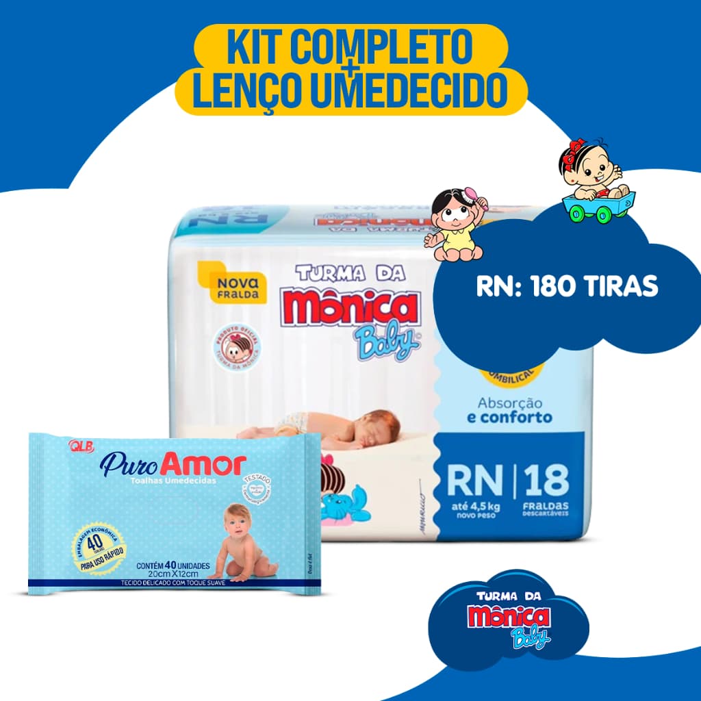Kit 5 Fraldas RN Turma da Mônica Baby + 1 Pacote de Lenço Umedecido Higiene e Cuidados do Recém-Nascido