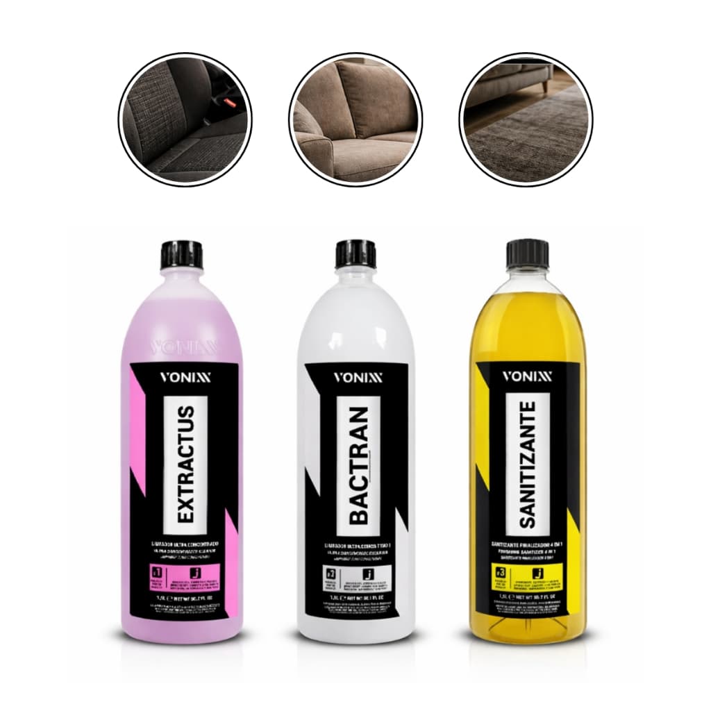Kit Higienização VSC Bactran Extractus Sanitizante Vonixx Limpa Estofados Sofá Banco Carro Casa
