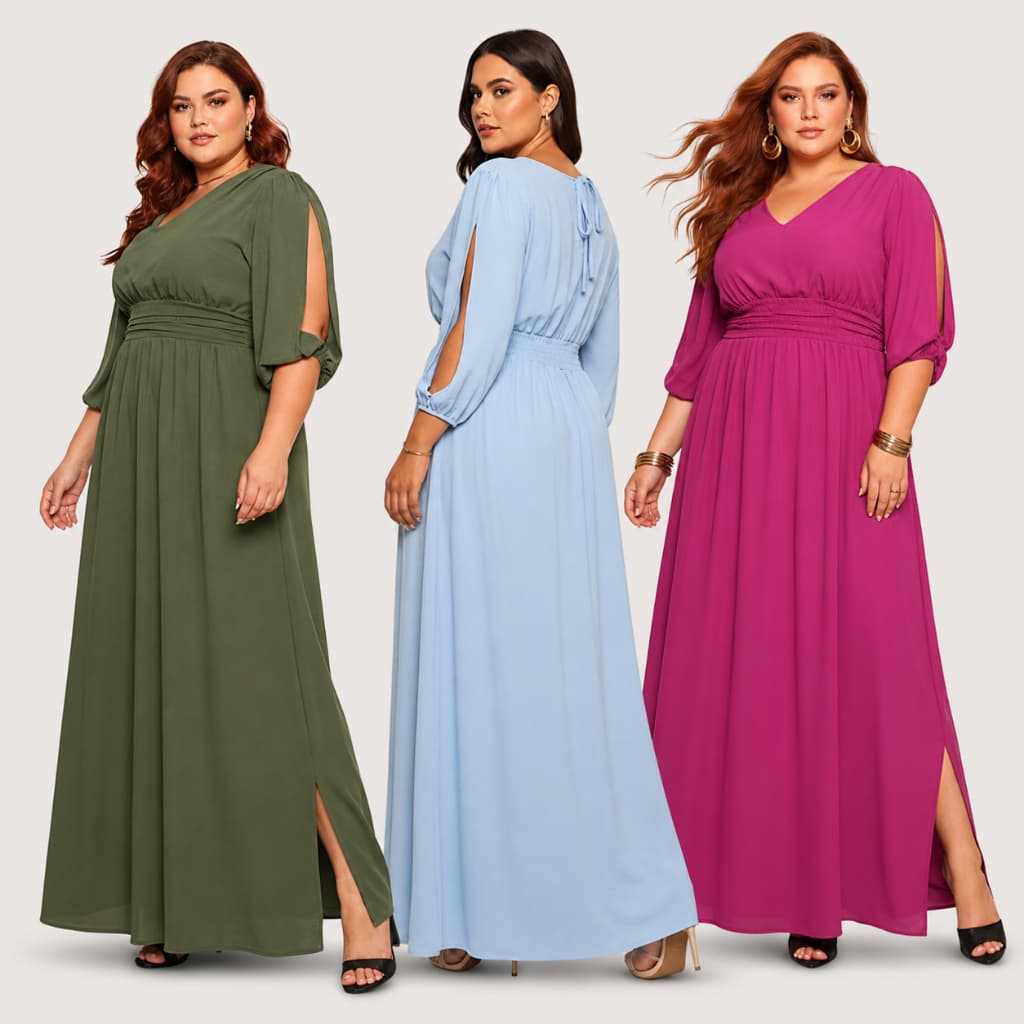 Vestido Longo Plus Size Feminino Manga 3/4 com Fenda Tecido Duna Elegante Casamento Madrinha Evangélico G1 ao G5