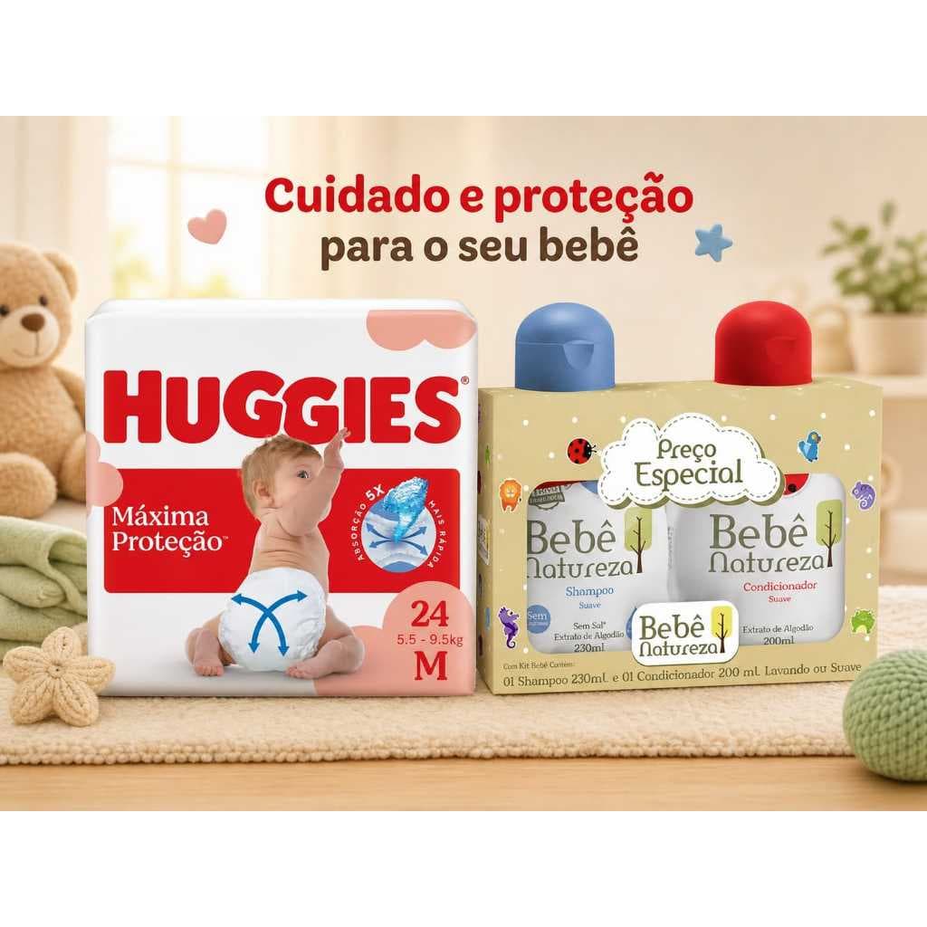 kit chá de bebe fralda huggies + shampoo + condicionador