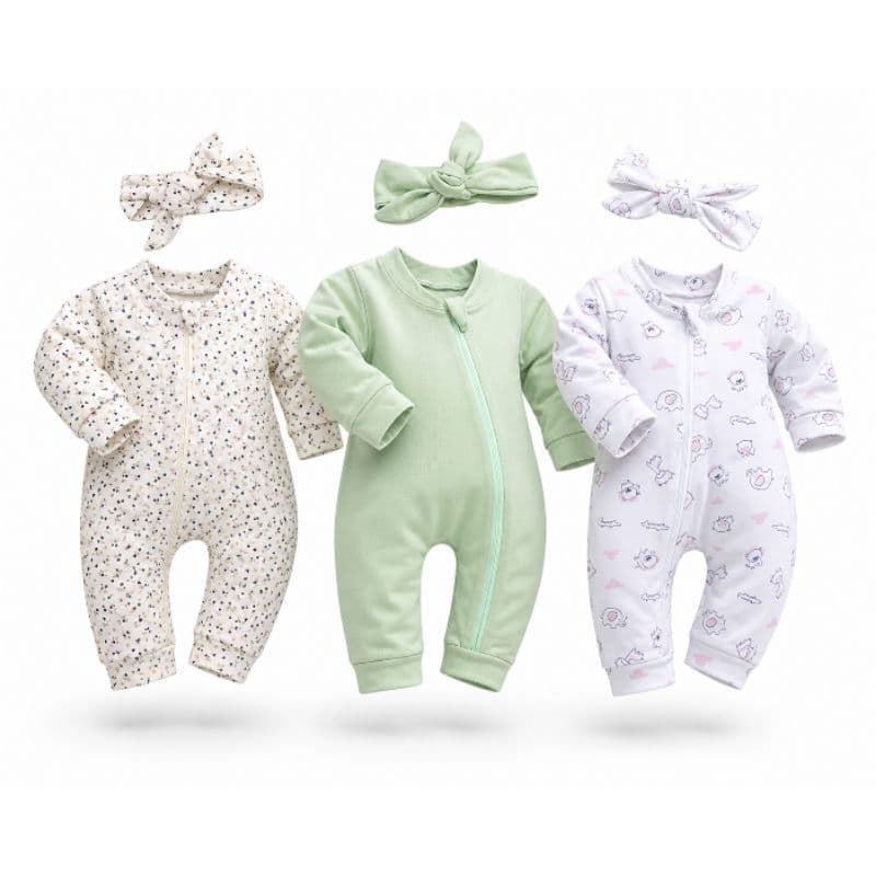 Kit 3 macacões para menina com faixa de cabelo em algodao com zíper- Macacão com zíper para bebê menina - roupa menina