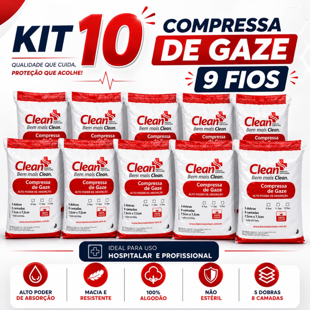 Kit 10x Compressa De Gazes 9 Fios Não Estéril 5000un ou 1800g Ideal Para Curativo