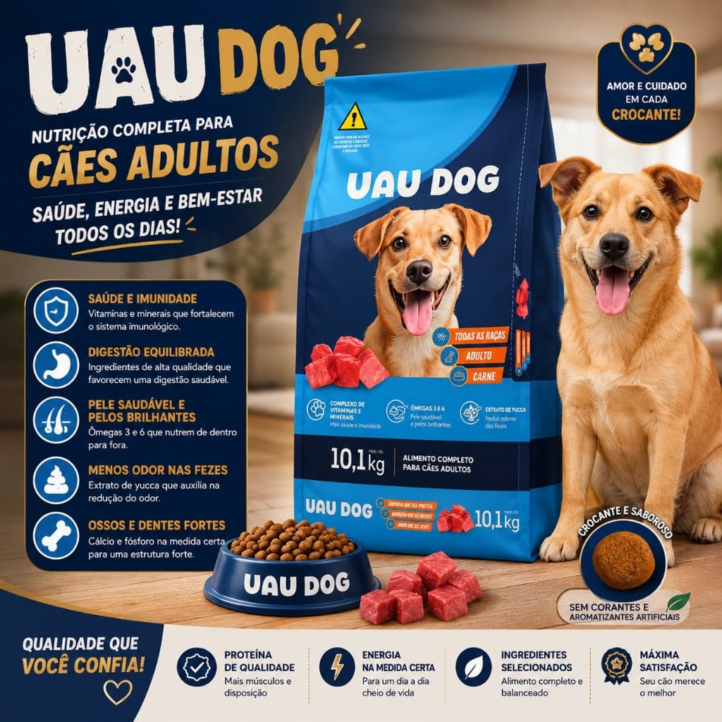 Ração Cachorro 10kg Uau Dog Adulto Sabor Carne 18% Proteína