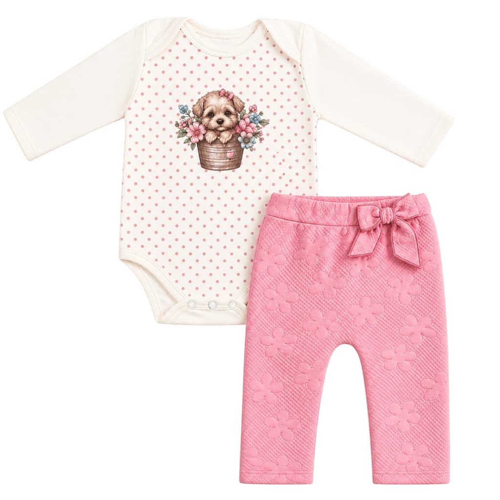 Conjunto Bebê Menina Luxo Body Manga Longa Suedine Algodao Calça Floral Inverno Premium Roupa Bebê Menina Inverno
