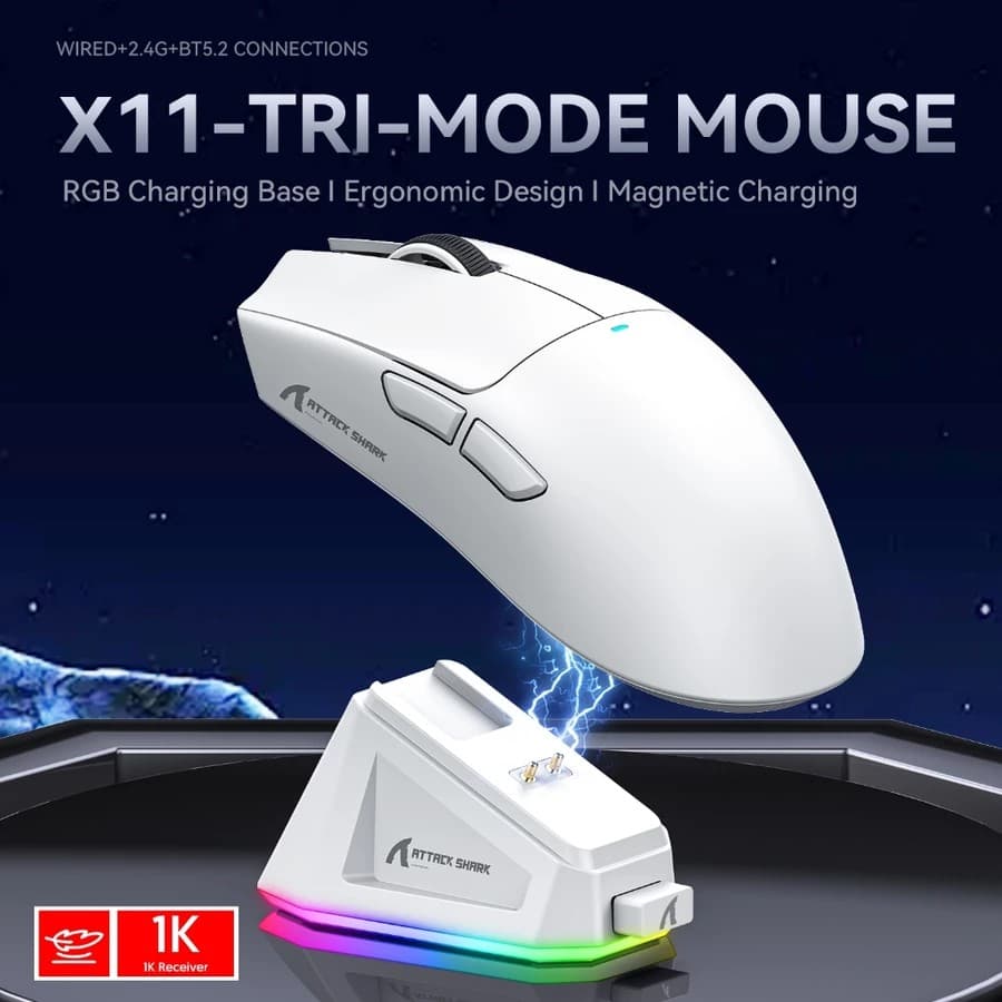 Mouse Gamer Attack Shark X11 - Base de Carregamento RGB - Sem Fio/Tri-Mode (2.4G/Bluetooth/USB)