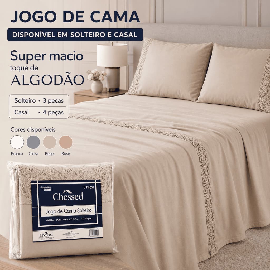 Jogo de Lençol Solteiro Casal ou Queen 400 Fios 3 ou 4 Peças Bordado Ingles Luxo Macio e Elegante